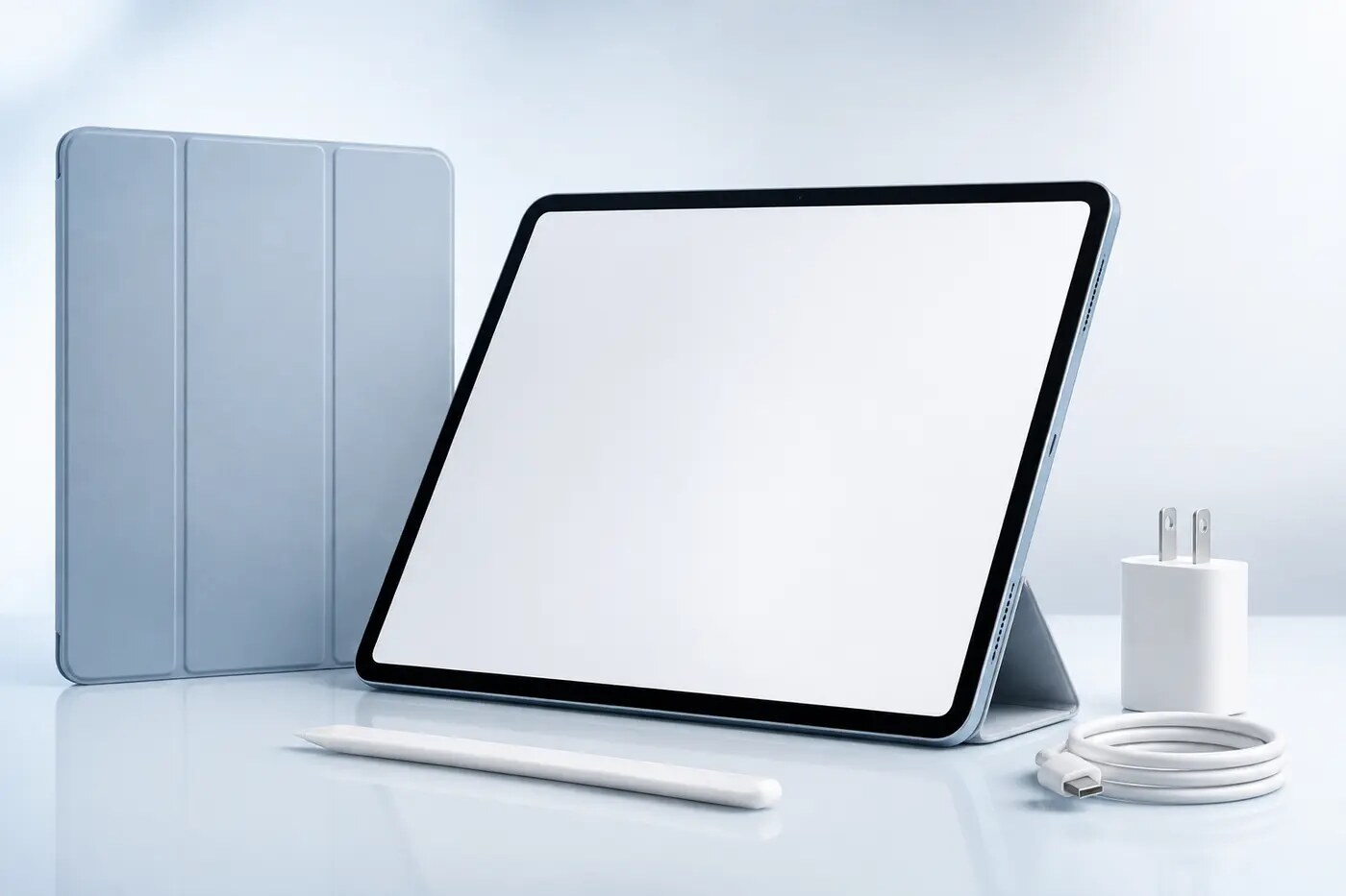 Premium tablet and accessories displayed in a bright studio setting